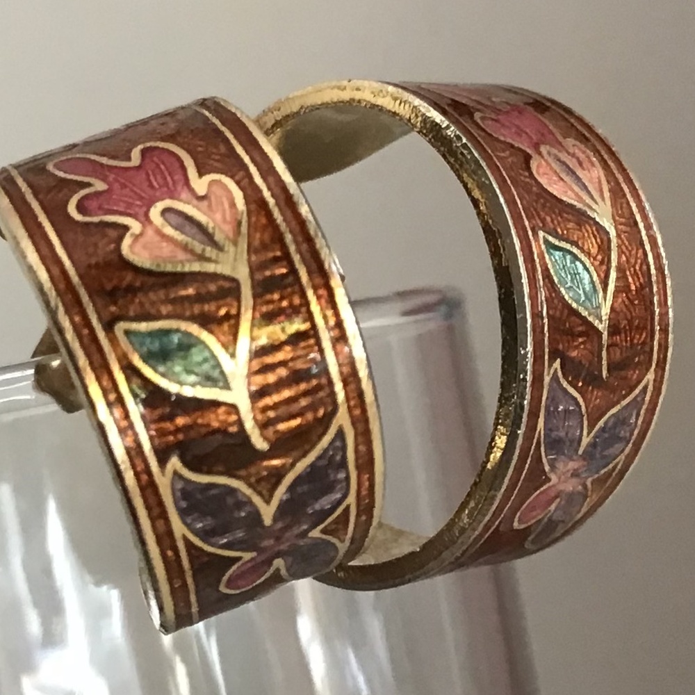 Vintage Cloisonné Enamel Floral Hoop Earrings Gold Tone Boho Retro Autumn - Picture 2 of 10